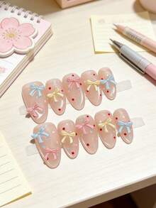 10pcs Handmade Wearable Nails, Japanese Style Bowknot Detachable Manicure, Cute Artificial Nails, Gentle & Brightening Daily Versatile Handmade Nail Stickers - Multicolor - View 2