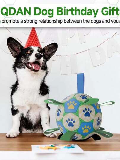 1个宠物狗玩具，带编织挂带，爪印足球图案，室内/室外互动球玩具，适合小型/中型/大型犬，是宠物理想的礼物。注意：气泵颜色随机。