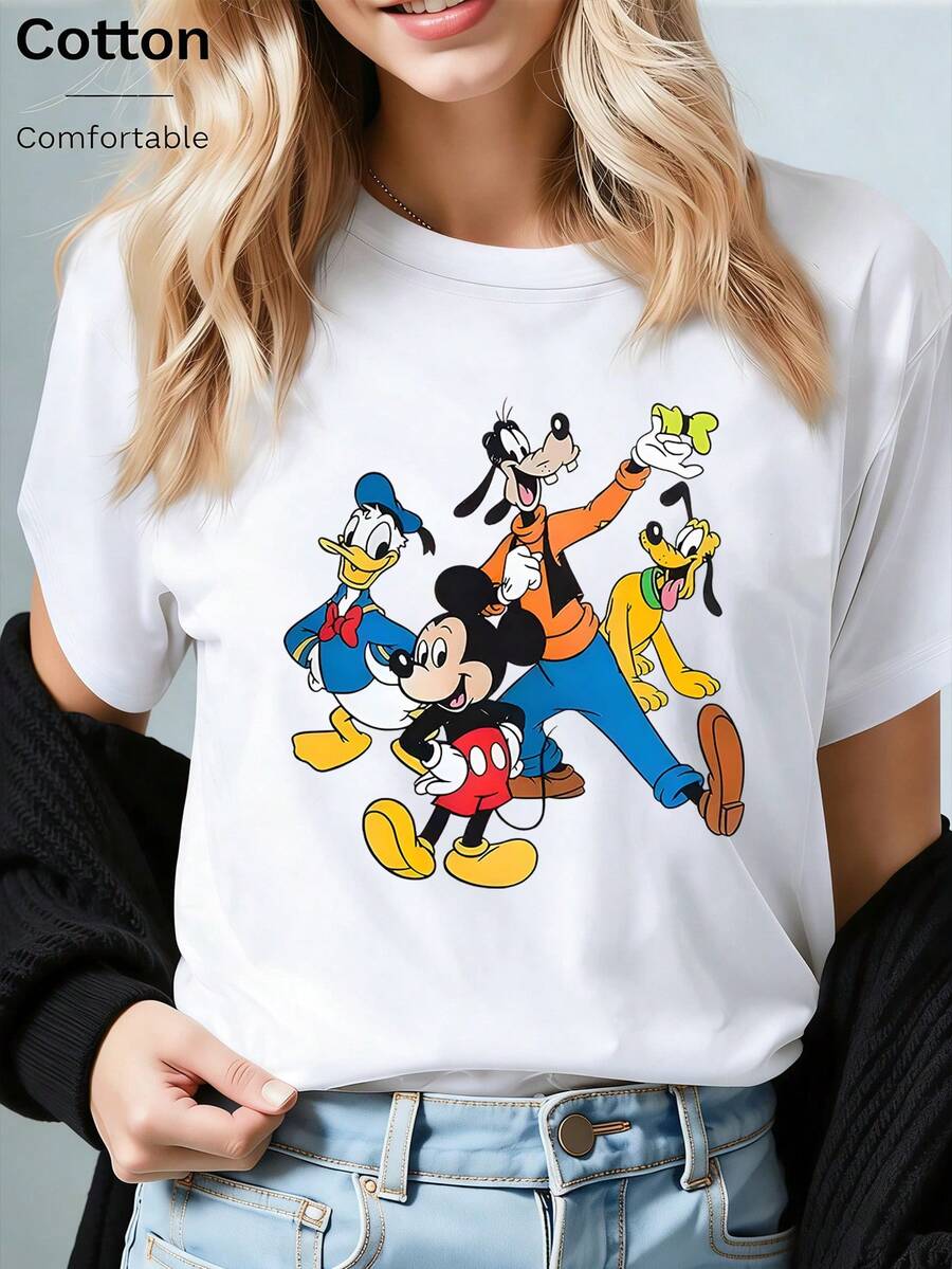 Disney Loose Fit Mickey Mouse, Donald Duck, Goofy, And Pluto Happy Companion Printed T-Shirt, Suitable For Summer And Spring, Short Sleeved Top, Women's Clothing, Holiday Gift Party Clothing. - White - View 1