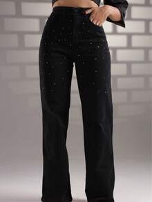 Women's Black Jeans With Rhinestone Glitter, High Waist, Premium Style - Negro - Ver 12