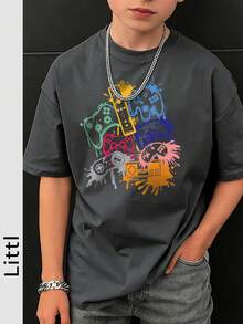 Tween Boy Grey Round Neck Graphic Print Short Sleeve T-Shirt, Summer - Dark Grey - View 1