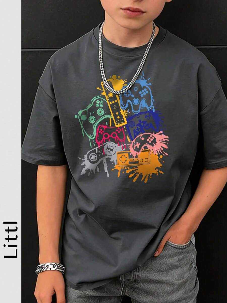 Tween Boy Grey Round Neck Graphic Print Short Sleeve T-Shirt, Summer - Dark Grey - View 1