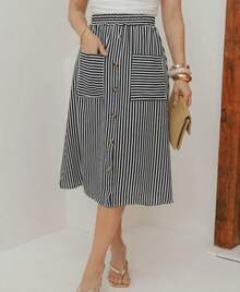 Midi Skirt With Pockets, Buttons, And Lining In Striped Dune Fabric. Fashion. - Black - View 5