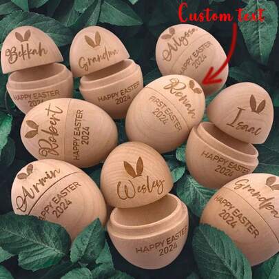 Customized Text Logo Engraved Wooden Eggshell, Hollow Solid Wood Natural Color Easter Egg, Carved Wooden Egg, Holiday Craft Gift, Home Desktop Decor, Easter Party Prop, Creative Commemorative Wooden Egg, Wood
