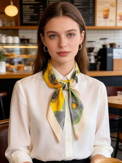 1pc Spring/Summer Minimalist Contrast Color Floral Print Triangular Scarf, Versatile Neck Scarf/Shawl Suitable For Daily, Office, Vacation Wear