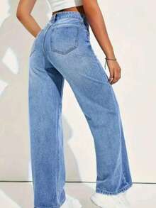 Jeans rectos de cintura alta lavados de estilo casual para primavera - Celeste - Ver 2