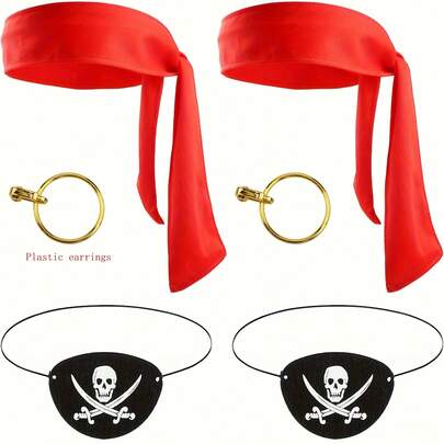 6-delige piratenfeestset, 2 rode piratenhoofdbanden, 2 piratenooglapjes en 2 plastic oorbellen, piratenkostuum, piratencosplayaccessoires, piratencosplayset voor mannen en vrouwen - inclusief piratenhoofdband en ooglapjes
