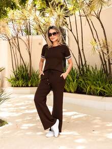 Women's Elegant Casual Sweatshirt And Wide-Leg Pants Set With Pockets - 鏽棕色 - 查看 3
