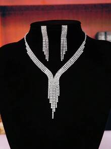 1 Set Women's Elegant Formal Earrings & Necklace Jewelry Set, Suitable For Evening Gala, Wedding, Party - Silver - View 6