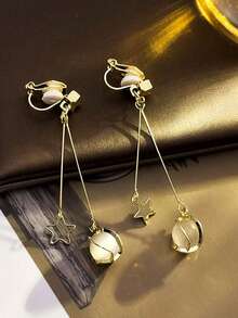 1对简约仿猫眼石流苏耳夹，优雅星形吊坠耳环，适合无耳洞人士佩戴 - clip - 查看 8