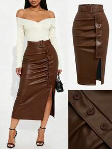 GLOURI Women's Brown Vegan Faux Leather Midi Skirt - High Waisted Ruched Bodycon With Side Slit & Button Detail | Versatile Office, Date Night & Party Outfit (Belt Included) - 棕色 - 查看 3