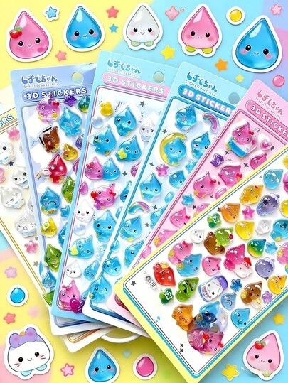 高品质3D可爱贴纸，趣味闪亮浮雕装饰，立体趣味日系动漫贴纸，水晶贴纸，实心材质，精致立体设计，自粘防水不粘装饰贴纸，具有质感效果和丰富的装饰氛围，混色设计，不对称造型，防水装饰贴纸，适合DIY装饰