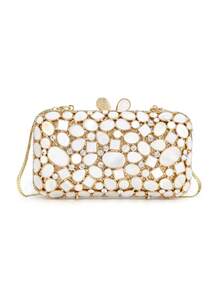 2026春夏闪耀奢华天然贝壳晚宴手拿包，优雅女士贝壳水晶派对手提包，新娘婚礼派对手拿包，时尚女士钱包，口红香水手提包，奢华闪亮水晶装饰派对手拿包，全手工金属钻石手提包，适合贵妇出席婚礼、派对、盛会、聚会和宴会（可容纳6.5英寸手机） - 白色 - 查看 7