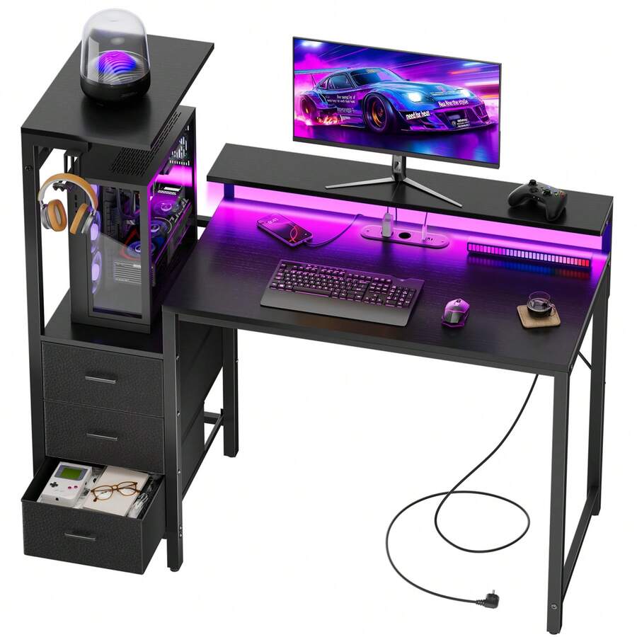 Gaming Desk With Monitor Stand And Chest Of Drawers, LED Lighting, Integrated Power Outlets And USB Charging Port, 112/152 Cm Wide Computer Desk For Home Office With Drawers, PC Tower Stand And Headphone Hook - 查看 1