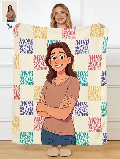 1pc Custom 3D Cartoon Photo Blanket, Personalized Mother's Day Gift For Mom, Customized Face & Text Flannel Throw Blanket, Soft Cozy Blanket For Sofa Bed, Unique Gift From Daughter/Son