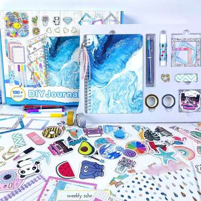 High-Quality Children's Diary Set, Includes Rich Stickers And Handmade Accessories, Portable DIY Diary Notebook, Suitable For Student's Creative Expression, Art Craft Gift, Great For School, Travel And Daily Recording, Suitable For Children And Teenagers