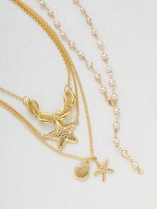 2件套时尚简约优雅仿珍珠海星贝壳吊坠Y型项链套装，适合女性度假、派对、生日、日常佩戴 - 金黃色 - 查看 6