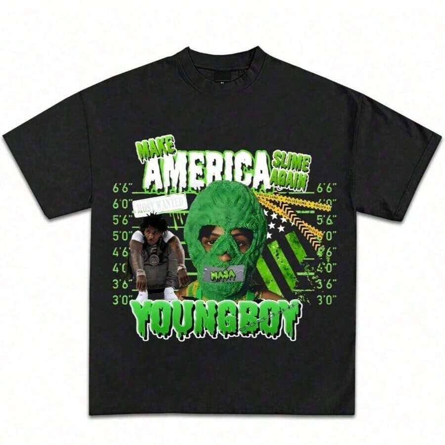 Y2K Grunge Style Women's Black Cotton T-Shirt With Green Graphic Design Short Sleeve Round Neck - Black 7 - View 1