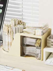 1pc Rotating Pen Holder Organizer, Desktop Rotating Makeup Brush Holder, Vanity Makeup Storage Box, Lipstick Desk Organizer Rack - White - View 6