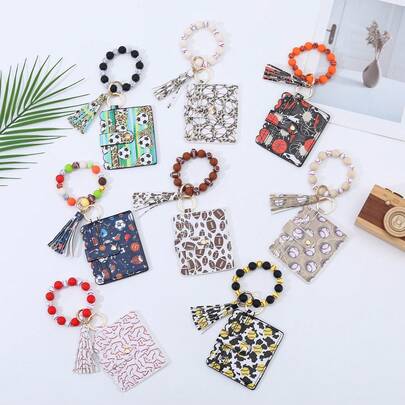 1pc Fashionable Wooden & Silicone Bead Sports Ball Keychain Bracelet, Wallet/Card Holder, Phone Charm, Gift For Sports Match, Holiday, Birthday