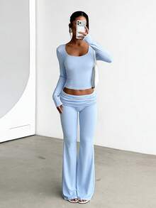 1 set Camiseta de corte ajustado con cuello cuadrado y pantalón de largo completo para mujer, conjunto de primavera - Azul - Ver 7