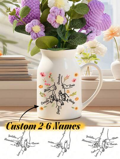 1pc Customized Floral Vase For Mom, Customize 2-6 Names, Ceramic Heart-Shaped Vase, Personalized Vase For Mom/Grandma, Mother's Day Customized Gift, Ceramic Floral Vase Gift For Mom, Grandma, Mother's Day Gift, Grandchild's Gift, Ceramic Planter, Gift For Her