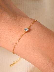 1 pieza Pulsera de plata de ley S925 con un solo diamante, diseño de nicho de estilo europeo y americano Ins, accesorio de lujo y versátil - Dorado - Ver 1