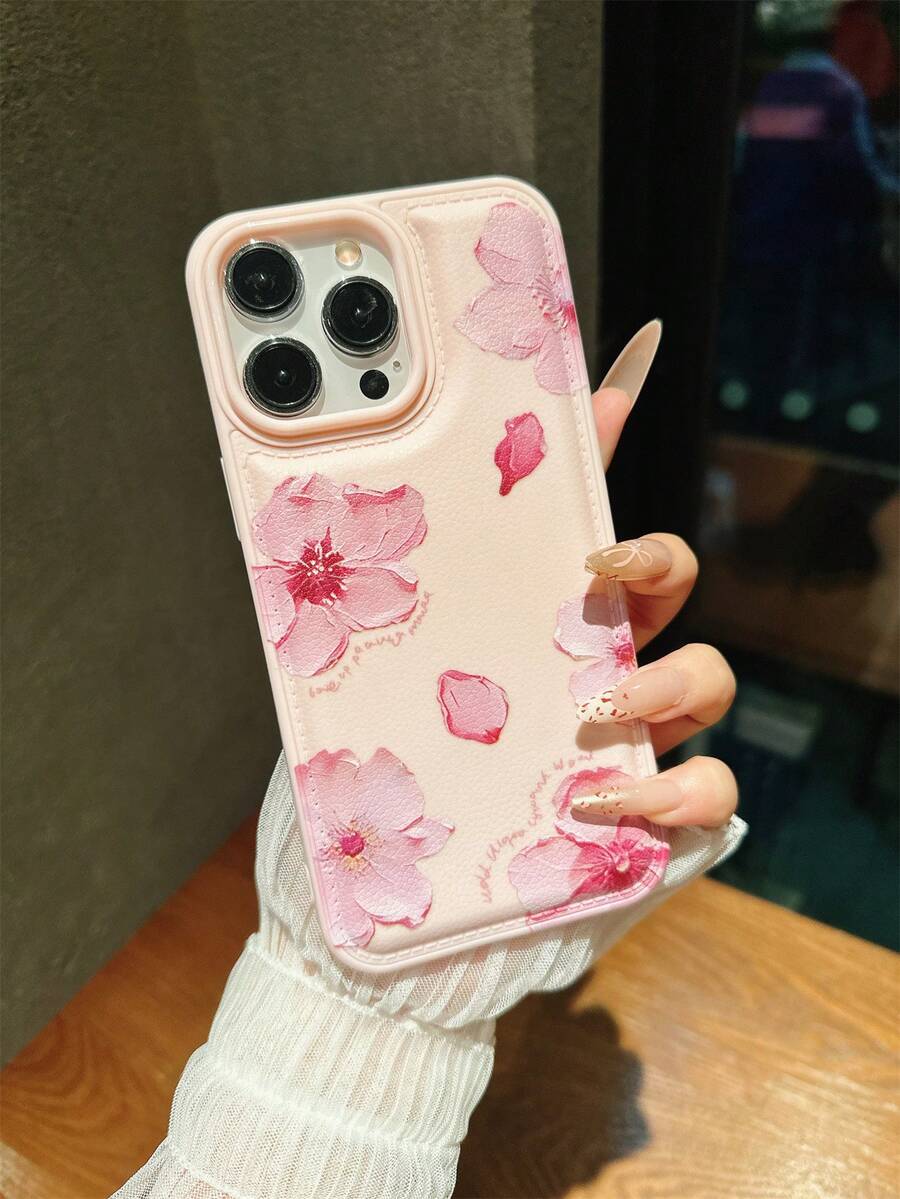 1pc Pink Floral Pattern Phone Case, Compatible With IPhone 16 Pro Max, 17/16/15/14 Plus, 13/12/11, Air And Series Models - Multicolor - View 1
