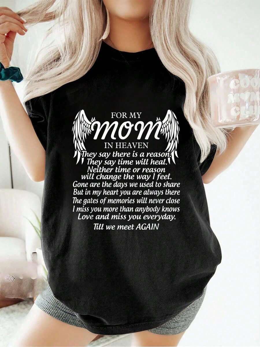 Camiseta para el Día de la Madre "Para mi Mamá en el Cielo", "Amo tanto a mi Mamá", "Extrañando tanto al Día de la Madre", "Moda", "Sudadera", "Deportiva", "Verano", "Cuello Redondo", "Manga Corta", "Tops para Mujer" - Negro - Ver 1