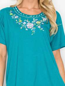 Women Short Sleeves Embroidered Cotton Blend Lounge Wear  Sets - Green - View 2