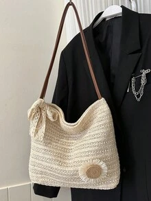 1个米色大容量编织手提包，雏菊蕾丝蝴蝶结单肩包，波西米亚风格，适合夏季海滩、度假、日常通勤。 - 咖啡 - 查看 10