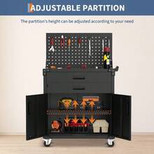 Armario de herramientas de acero resistente con ruedas, armario de almacenamiento con cerradura para garaje con 2 cajones, estante ajustable, tablero perforado y 4 ruedas, banco de trabajo con carrito - Negro - Ver 5