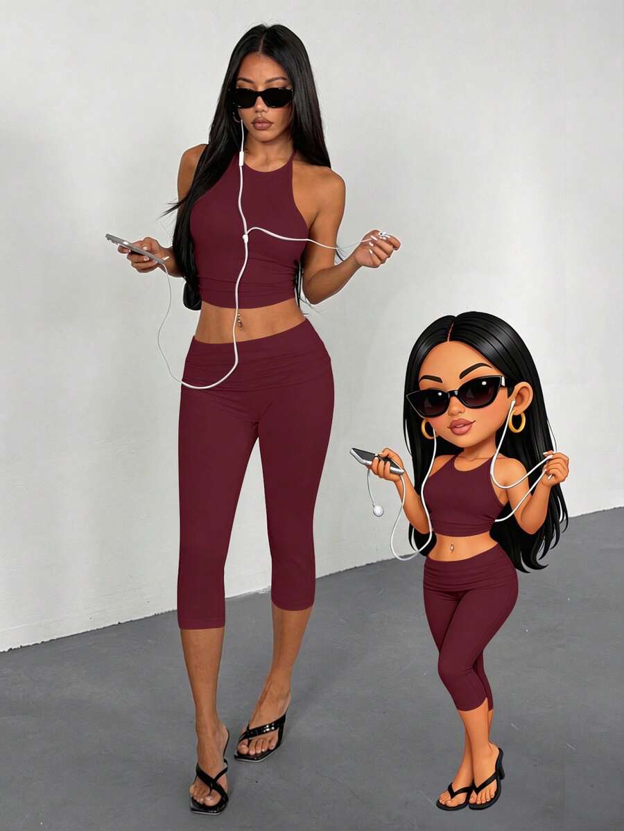 AITYI Studio 女士套装，修身休闲纯色吊带露背设计，时尚性感修身，Y2K 街头风通勤居家百搭，适合海滩派对、乡村度假等场合，也适合毕业典礼、狂欢节、复活节、音乐节等夏季穿着。吊带背心搭配七分裤针织两件套。 - 酒紅色 - 查看 1
