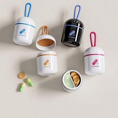 1个便携式迷你双隔层药盒 - 耐用密封设计，方便随身携带维生素和药品，白色+玫瑰红和灰白色可选，个人药盒