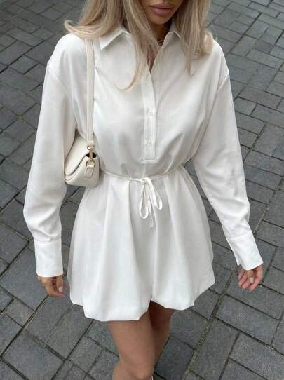 Buzzelle Floreya 简约纯色优雅休闲优质Polo领衬衫裙韩版收腰长袖裙子适合春夏季