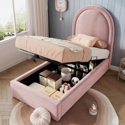 Upholstered Children's Bed, Single Bed 90 X 200 Cm, Pink, Velvet For Boys And Girls (Mattress Not Included)