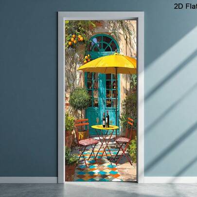 1/2 Pc Door Sticker, Outdoor Dining Door Mural, Removable Yellow Umbrella Door/Wall Sticker, Wine Bottle Door Sticker Decoration, Garden Table Peel-Off Wall Art, 2D Flat