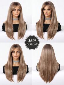 Tóc giả dài 24 inch, thẳng, có mái xéo, chân tóc tối màu, màu vàng nâu highlight, dành cho nữ, tóc ombre nâu, tóc giả tổng hợp chịu nhiệt, thích hợp cho sử dụng hàng ngày, dự tiệc, cosplay. - Tóc vàng ombre - Xem 6