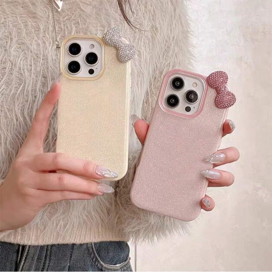 1pc Rhinestone Bow 3D Phone Case Suitable Compatible With Iphone 16 Pro Max, 15 Women New Model 14 Pro Personalized Fashionable 16 Niche 15 Pro Shockproof 13 Protective Phone Case - Multicolor - View 1