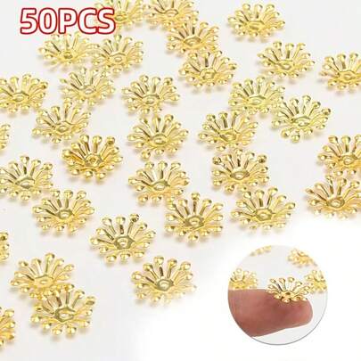 50颗0.59英寸金色和银色花朵珠帽 - 精致铁艺花瓣设计，适合DIY手工艺品和珠宝制作，闪亮金属光泽，底座配件 - DIY珠宝制作配件