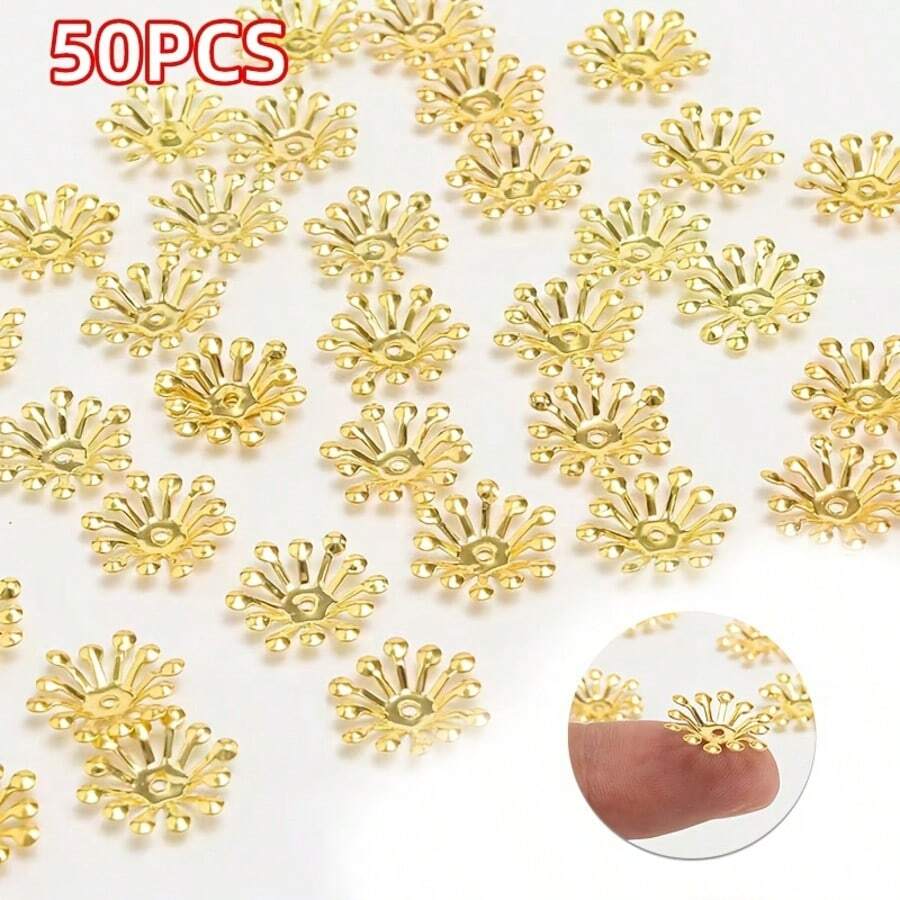 50颗0.59英寸金色和银色花朵珠帽 - 精致铁艺花瓣设计,适合DIY手工艺品和珠宝制作,闪亮金属光泽,底座配件 - DIY珠宝制作配件 - 花托 - 查看 1