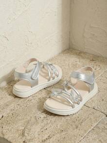 1 Pair Girls' Summer Fashion Sandals, Silver Multi-Strap Upper, Rhinestone Butterfly, Hook And Loop Closure, Suitable For Matching Outfits, Children's Casual Sandals - Silver - View 5