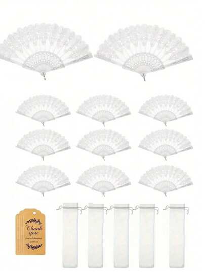 15把/5套蕾丝镂空花卉女士折扇，复古装饰扇，精致图案，经久耐用（包含5把扇子、5张卡片和5个欧根纱袋）。适用于新娘拍照道具、婚礼礼物、伴娘回礼、化装舞会用品、舞蹈表演、节日、乔迁、母亲节、感恩节、教师节礼物、家居装饰和女士时尚配饰。