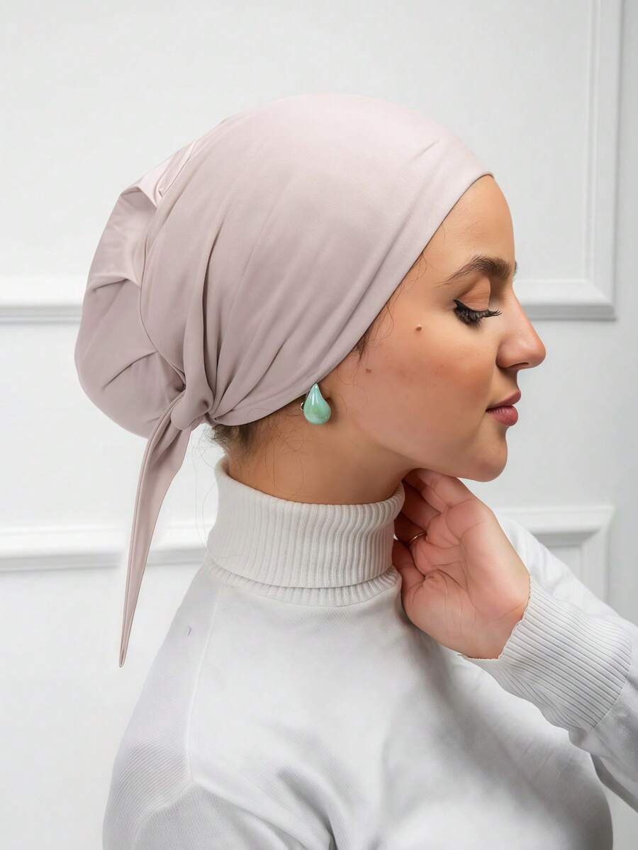 1 pieza Gorra interior con banda elástica incorporada y correas de amarre, suave y suave, transpirable y absorbente del sudor, material elástico y resistente a las pelusas, adecuado para uso diario como capa base, playa, vacaciones - beige grisáceo - Ver 1