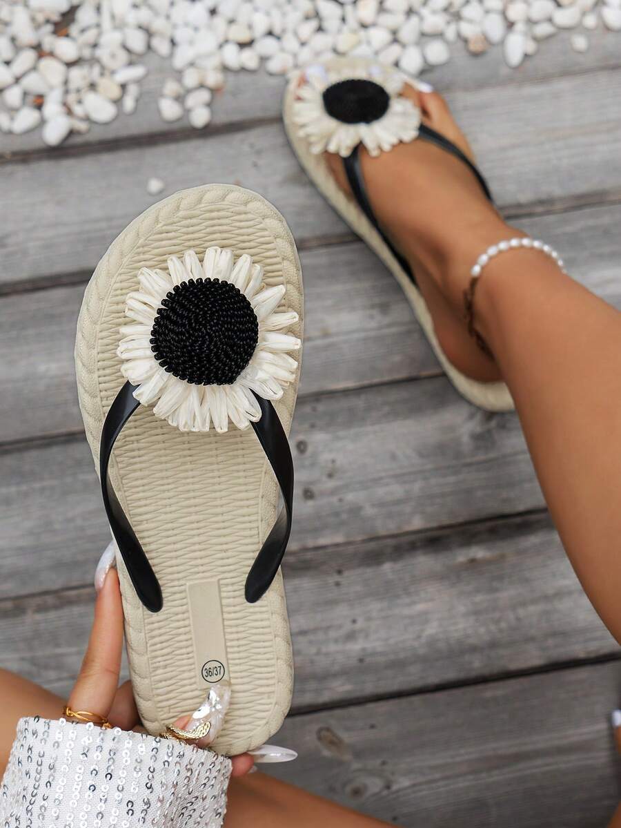 Damen Mode Flip Flops mit Sonnenblumen Blumenmuster, leicht und weich, geeignet für Outdoor, Urlaub, Strand, Pool, Badezimmer