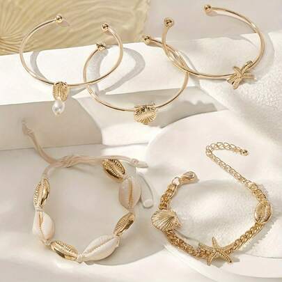 5 Sets Of Fashionable Star-Shaped Bracelet Sets Are Suitable For Women's Daily Wear. They Are Perfect For Beach Vacations And Street Photography, Showcasing An Oceanic Style. Bohemian-Style Summer String Bracelet With Sea Shell Pendants And Woven Chain.