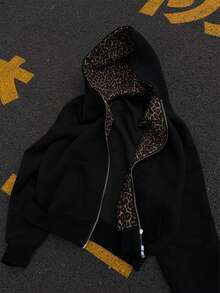 Wearing This Coat, You Are The Most Handsome Man On The Street. Autumn And Winter, New Style, American Style, Leopard Print, Fashionable, Handsome, Street Style, Heavyweight, Stiff, Hooded Men's Long Sleeved Sweatshirt Jacket, Suitable For Couples. - 豹紋 - 查看 5