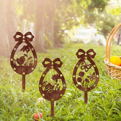 1件复古金属复活节花园插牌装饰，复活节剪影艺术，花园庭院装饰，独特庭院艺术雕塑，花园剪影，花园雕像和庭院艺术品