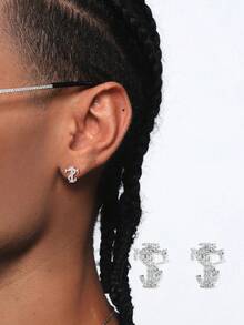 Pendientes de botón brillantes, pendientes de circonita cúbica con rhinestone, accesorios unisex de estilo callejero de hip hop chapados en plata - Plateado - Ver 8