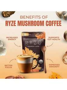 RYZE SUPERFOODS Mushroom Coffee USDA Organic With 6 Adaptogenic Mushrooms And MCT Oil, USA Grown Instant Coffee For Better Energy, Focus, Digestion, Immunity With Cordyceps, Lion's Mane, Turkey Tail, 30 Servings - One - View 2